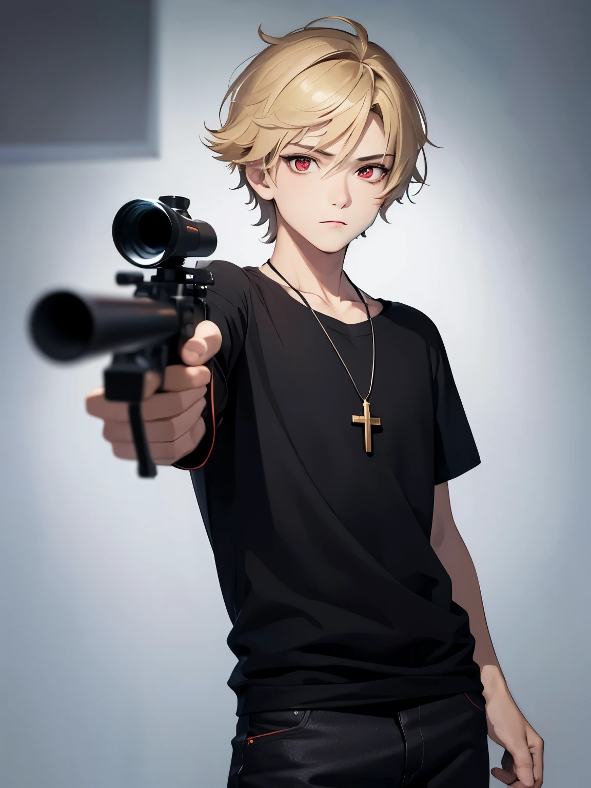 1boy,handsome,,Standing, holding a sniper,aim to viewer,aim to viewer, looking away,half body photo,Perfect face, HD face, ultra detailed face, short hair, blonde hair, messy hair, bright red eyes, vampire, black t-shirt, black trousers, cross necklace,ultra detailed, ultra HD