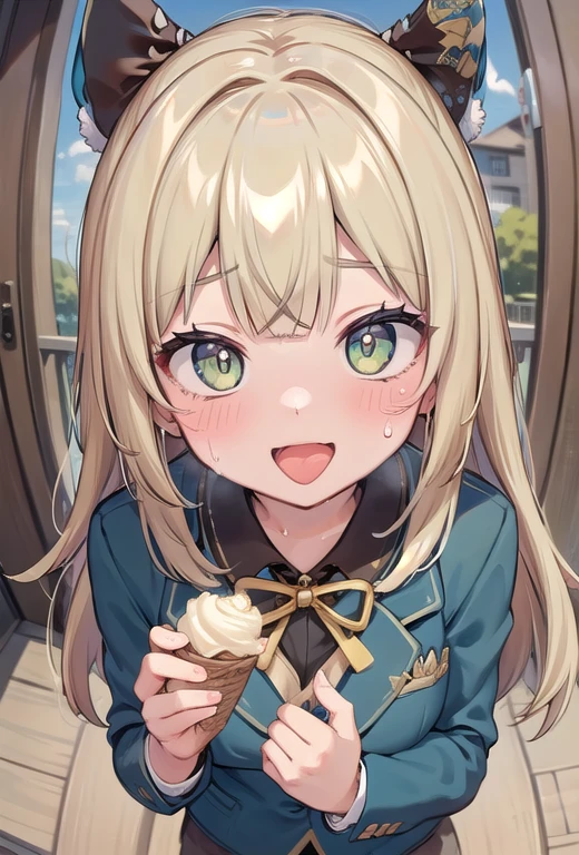 masterpiece,16k,8k,Delicate expression,highest quality,high resolution,High resolution,Sweat,1girl,look at viewer,blush,happy smile,sweat stains,steam,wet,fish eye lens,cowboy shot,spling,large breast,from front,from above,(focus face:1.2),(pov:1.4),fisheye lens,upper body,open mouth,happy smile,show oral,blazer,blond hair,green eyes,cat eyes,tongue out,eating ice cream