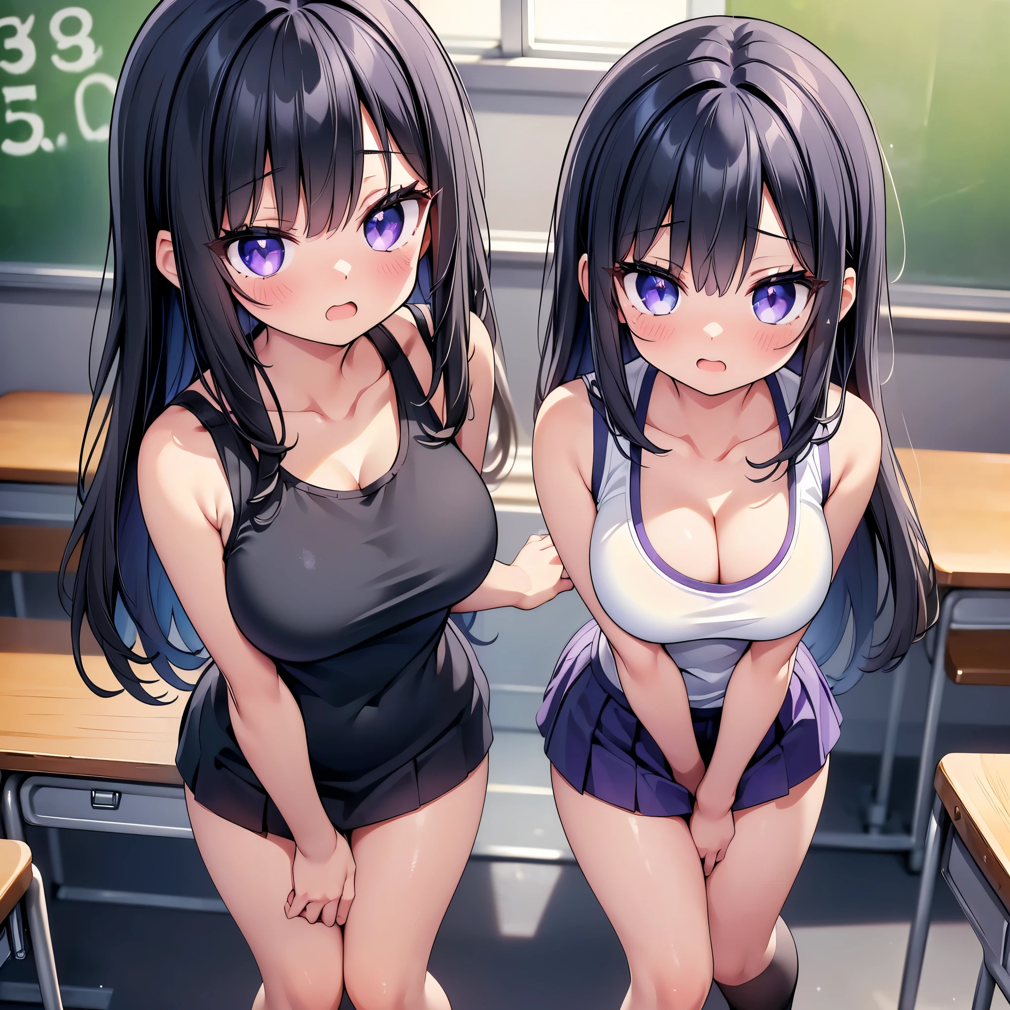 (cute eyes:1.2), (sparkling eyes:1.2), (8K、Best image quality、highest quality、masterpiece)、Detailed face、(2 girls)、Improve、(Black Hair, Purple Eyes, long hair)、(open mouth), (embarrassed), (skinny body:1.1),(medium breasts), (Tank top:1.3), (standing), (leaning forward), (hands on knees:1.4), (cleavage), Classroom Background,(from above:1.2)