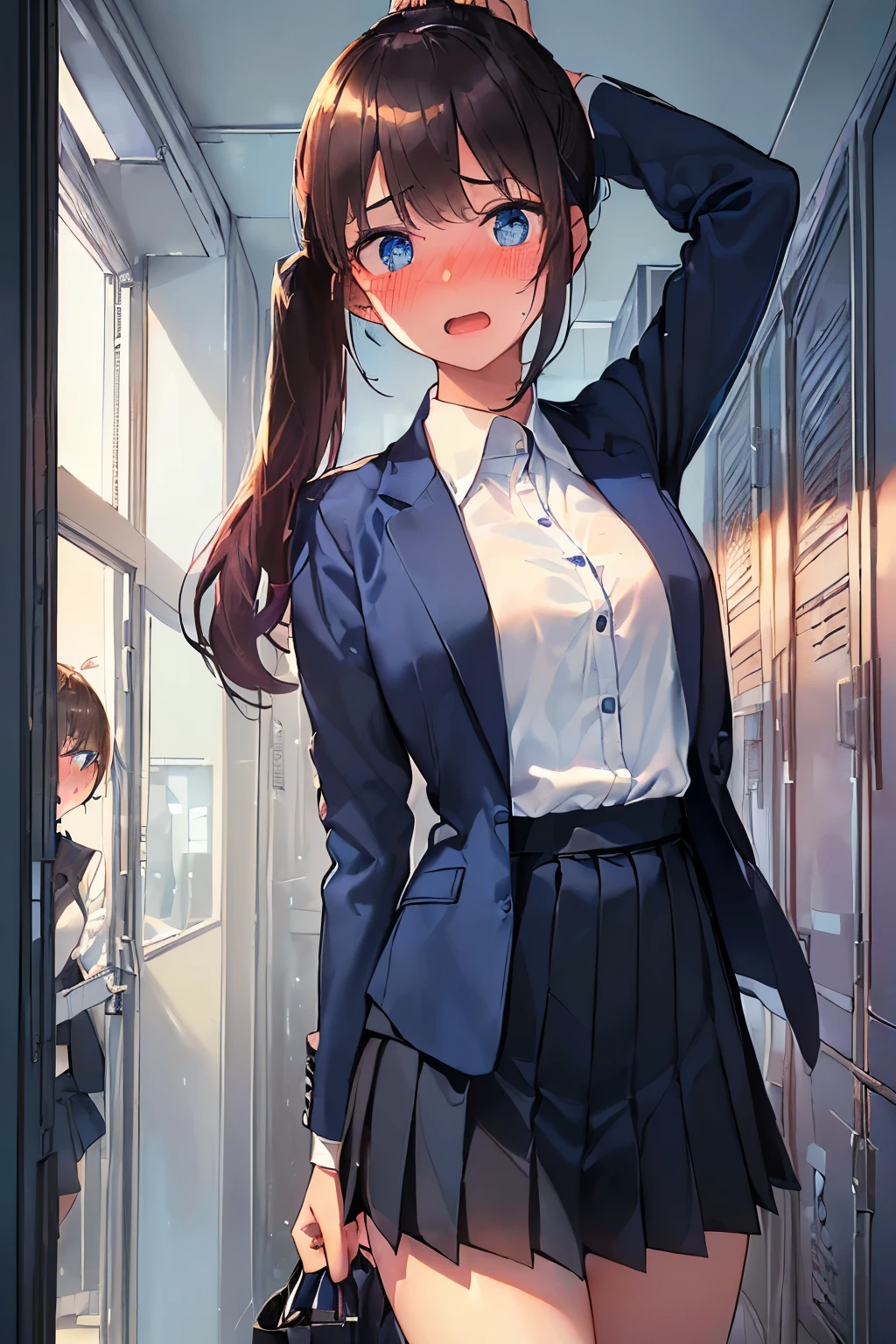 ((best quality)), ((masterpiece)), ((detailed)), (((perfect face))), (((small bust))), (((slender 18yo woman))), (((dark blue suit jacket))), ((dark blue pleated skirt from waist to thighs))), ((dark brown hair)), ((short ponytail)), (((blue eyes))), ((blushing:1.5)), (((looking at viewer))), (((((white shirt))))), (((standing))) (((interior corridor, lockers, windows))), (((surprised:1.5))), (((wide open mouth))), (((arms by side)))