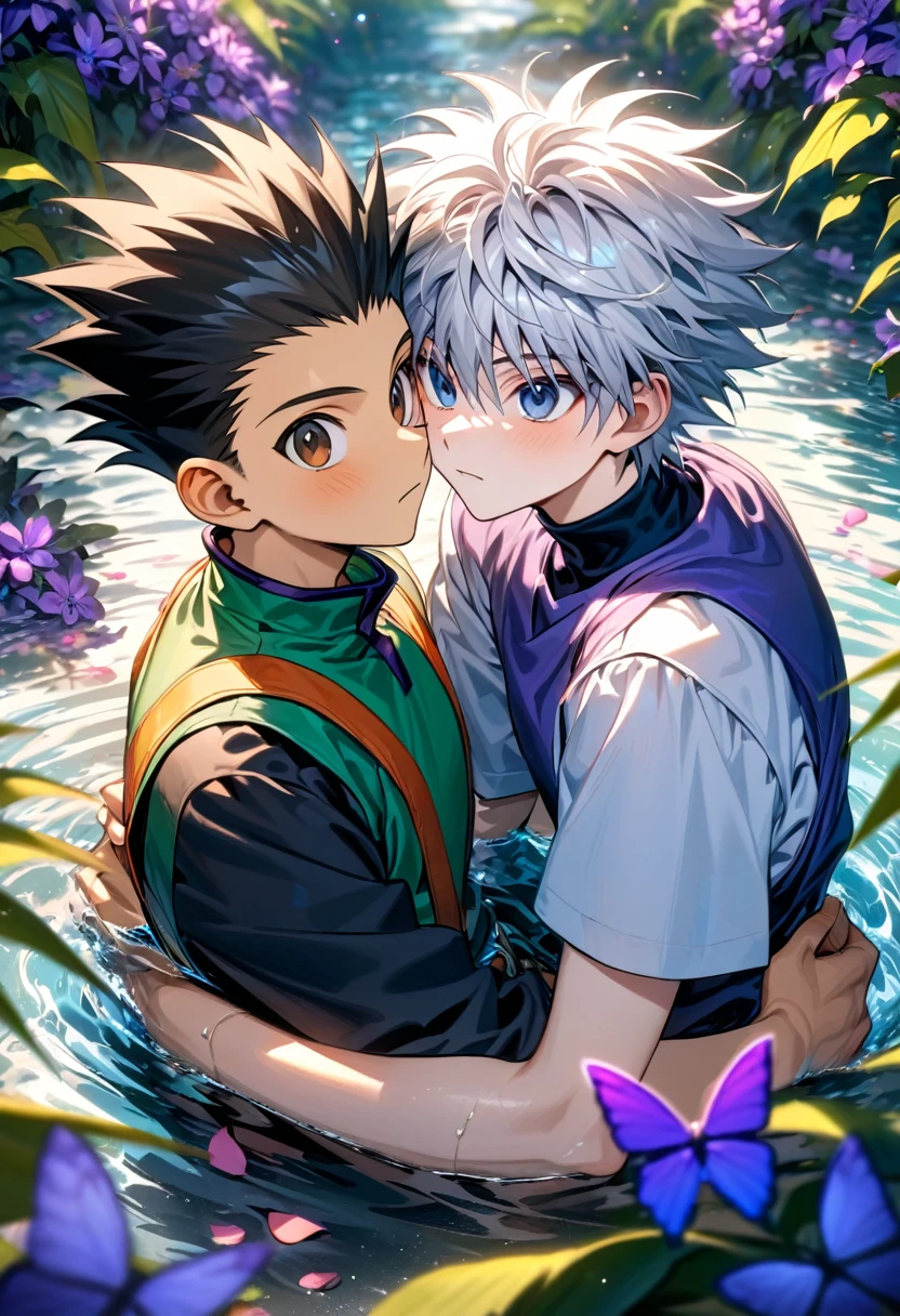 absurdres, highres, ultra detailed, HDR, master piece, best quality, Killua Zoldyck, white hair, expressive blue eyes, Hunter x Hunter, Gon Freecss, black hair, expressive brown eyes, two men together, gay couple, cute, yaoi, water, purple butterflies, purple flowers, petals