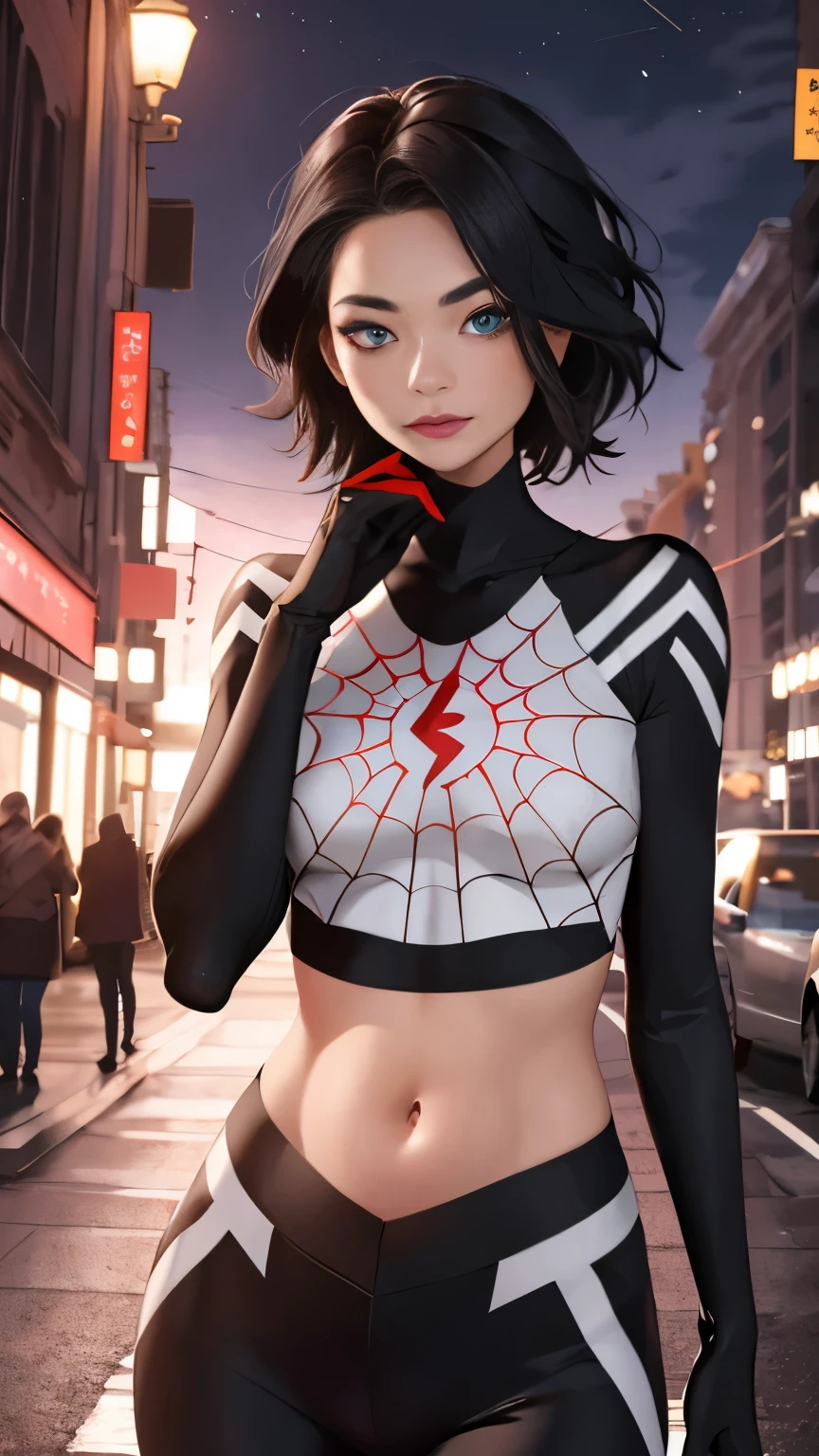 (Highly quality, masterpiece, detailed), Night city detailed scenario, night city detailed background, 20 years old girl, black hair, 1girl, CindyMoon, cindymoon, short hair, Black top, white top, black botton, white bottom, spider web print, Crop top, Gloves, Abdomen, Expressionless, Navel, beautiful eyes, perfect eyes, looking at the viewer, Sexy pose