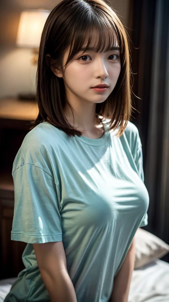 masterpiece, Best Quality, 8K, 20 yo, huge breasts, cuddly, Solo, sad, Cute, Girly, Delicate girl, Neat and clean beauty,  Raw photo, Professional Photography, Portrait, Soft light, Professional Lighting, Back lighting, Upper body, front view, Sophisticated, Film grain, (Eyes and faces with detailed:1.0), short length floating hair, beautiful flowing hair, bangs, Pajama T-shirt