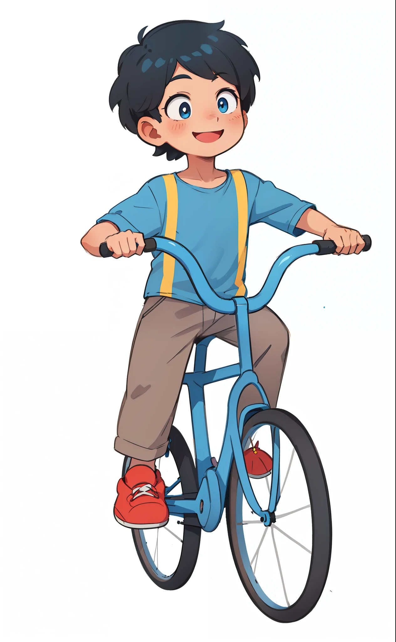 a smiling boy, fair skin, with black hair, blue shirt, riding a bicycle book illustration, children's book illustration, children's book illustration
