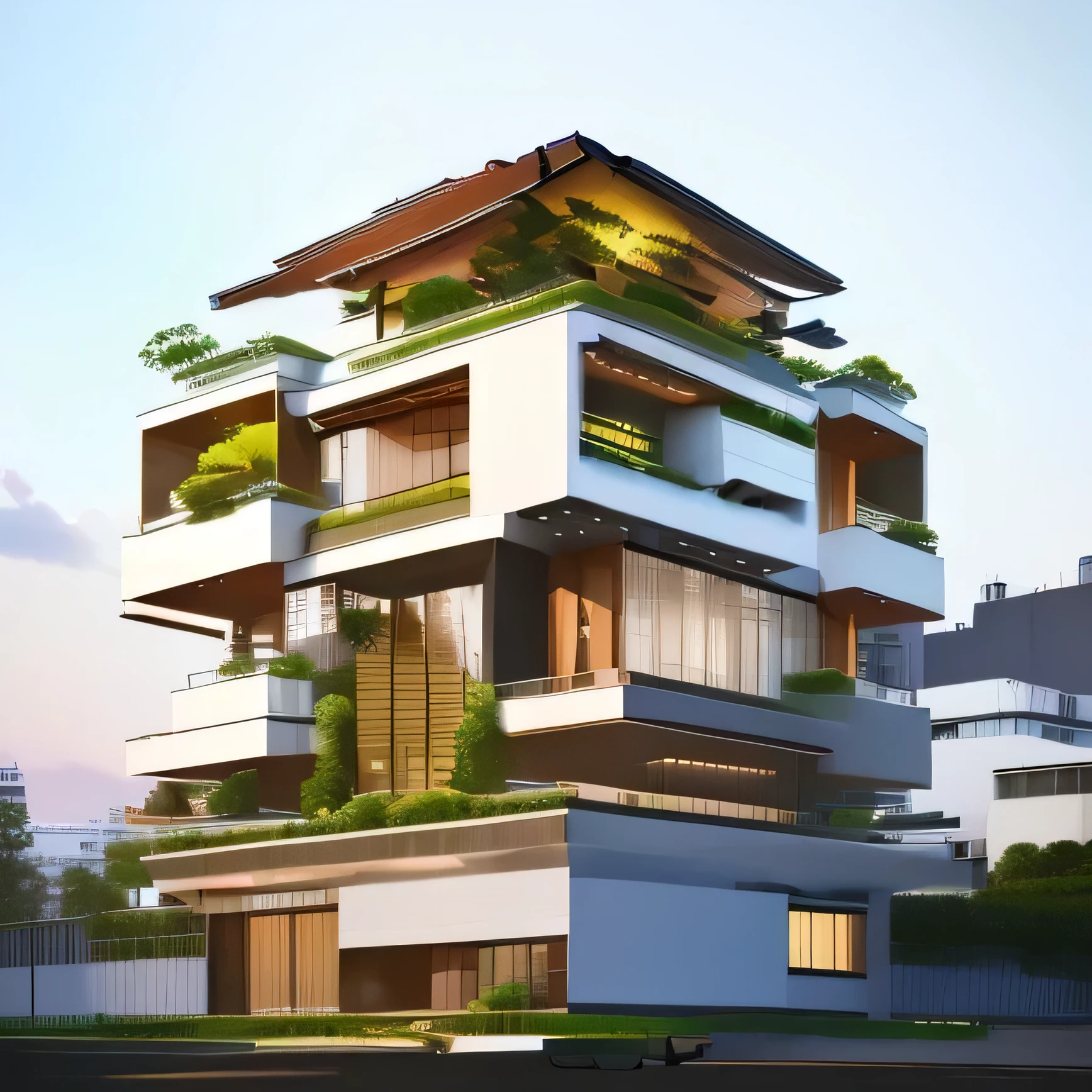 This corner building has a size of 17m x 17m on the first floor and consists of 4 floors. The design of the building combines modern style with a blend of Indochine style. The first and second floors are used as a restaurant, while the third and fourth floors are for residential purposes. The building has balconies that extend 1.5m on both sides of the street. The balconies on the third and fourth floors have planters for climbing plants and provide shade from the west, creating a modern shape. This design creates a cool and open space that connects with the outside environment. The building design utilizes many glass doors to make use of natural light and create a sense of expansion for the interior space. The glass doors also serve as a highlight for the architecture of the building, blending the indoor and outdoor spaces. Additionally, the building has a rooftop terrace with an elevator, providing space for entertainment and relaxation while enjoying the view. In summary, this corner building has a versatile and harmonious design, suitable for business activities such as a restaurant and providing a comfortable living space for families. 