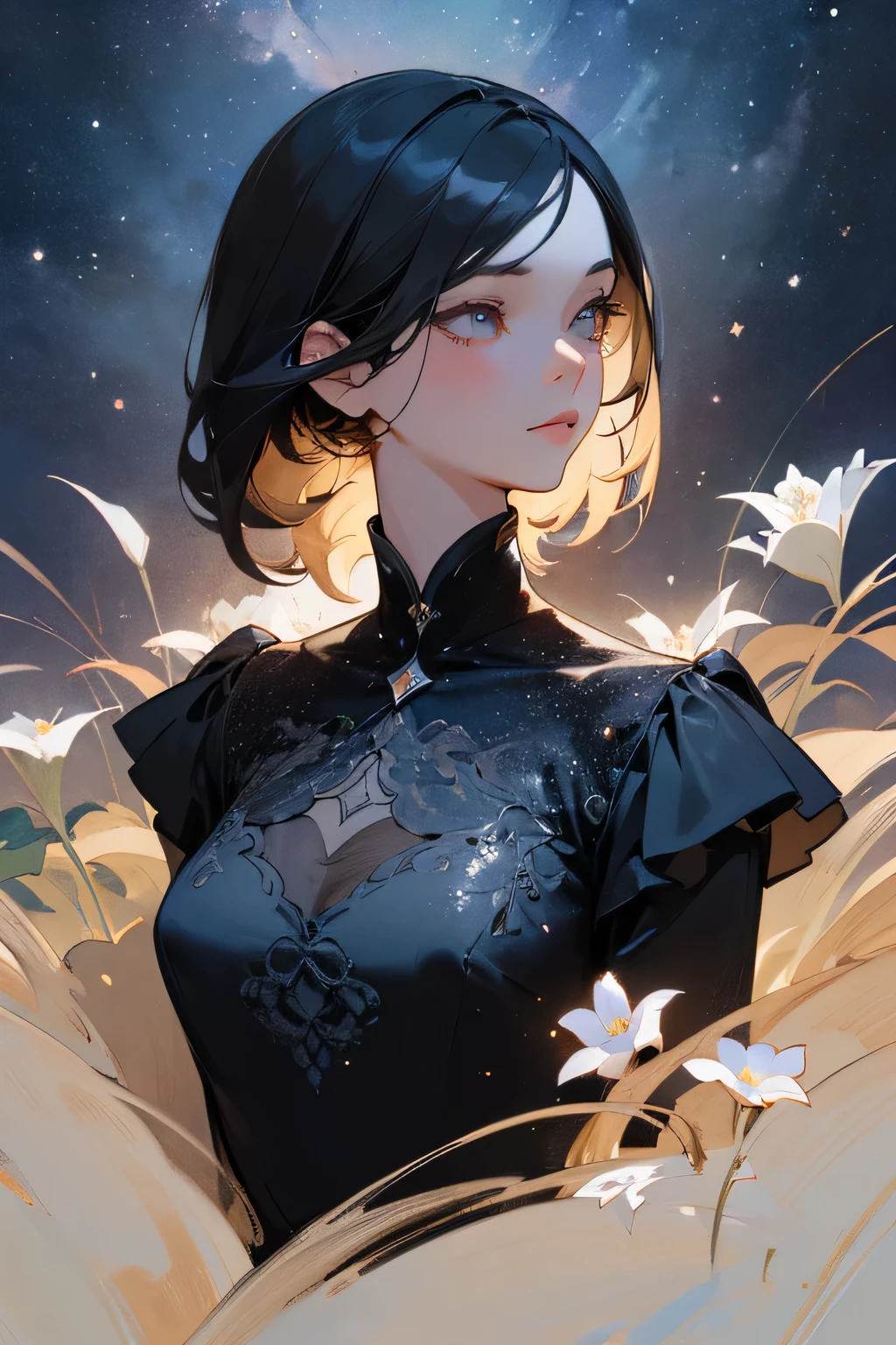 masterpiece, top quality, super detailed, high resolution, (ink painting style), excellent anatomy, 1 beautiful woman, expensive solve, clear image, detailed background, flower, garden, starry sky, ((upper body:1.2)), best light, best shadow, mysterious, perfect face, highly detailed,