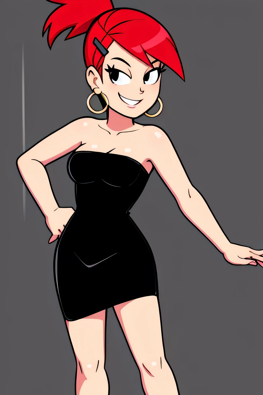 frankie foster, FostersStyle, (black pupils), red hair, strapless, black eyes, black dress, gold hoop earrings, sexy posing, hair clip, standing, medium breasts, ponytail, seductive smile, cowboy shot