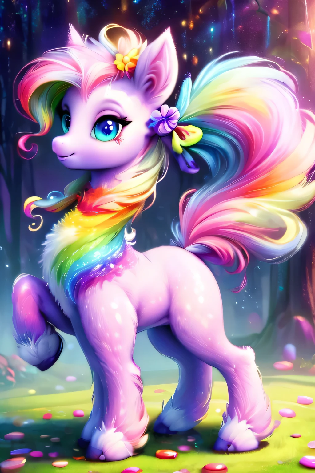 fantasy art , 8K, HD, Creature magic,coloful,candy,female,cute,pretty,pony,mane cotton candy,hull crystal candy,tail cotton candy,furry