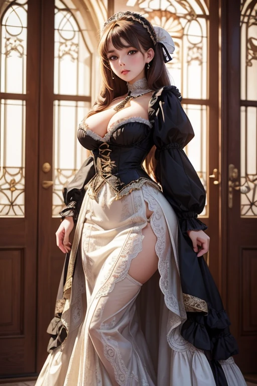 beautiful young woman, big breasts, small waist, big hips, is a doll, looks like a doll, perfect,European view (A European view), in an intricate, Victorian outfit, long dress