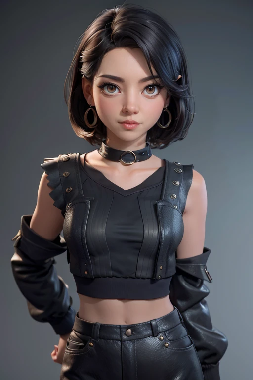 mejor calidad, ..trabajo de renderizado 3d, ..estilo 3DMM, de cerca, Portrcomert, ....。.3D, 1 chica, solo, Black hcomerr, teardropshaped earrings, looking at the camera, frente, realista, parte superior del cuerpo , posando en un, fondo sencillo, golpes, mira hacia otro lado, Long strcomerght black hcomerr, labio entreabierto, collar de gargantilla, constituir , blando, green cardigan, ojos verdes, Tifa Lockhart, (small breasts: 1.1) referencia: https://imagen9.CDN.Arte Marino.。.comer/2023-08-04/52449297297477/C9E0706CFFA353936C45F41FEF45E6C4F2A12E7C..png
