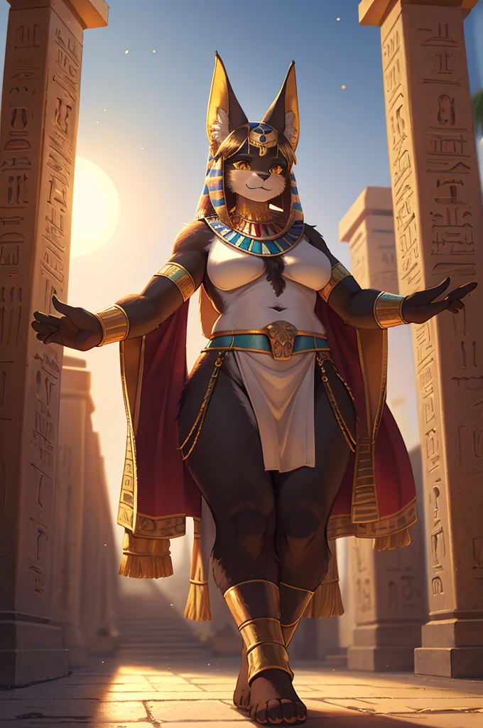 Bokeh , dynamic angle , hairy Bastet woman , realistic hairy fur , mature Model Body Type , mature Model  face , Hair ties , Ancient Egyptian neat clothing , in the ancient Egypt , dynamic Mysterious pose , Vassals around , Rituals , temple , Red sun