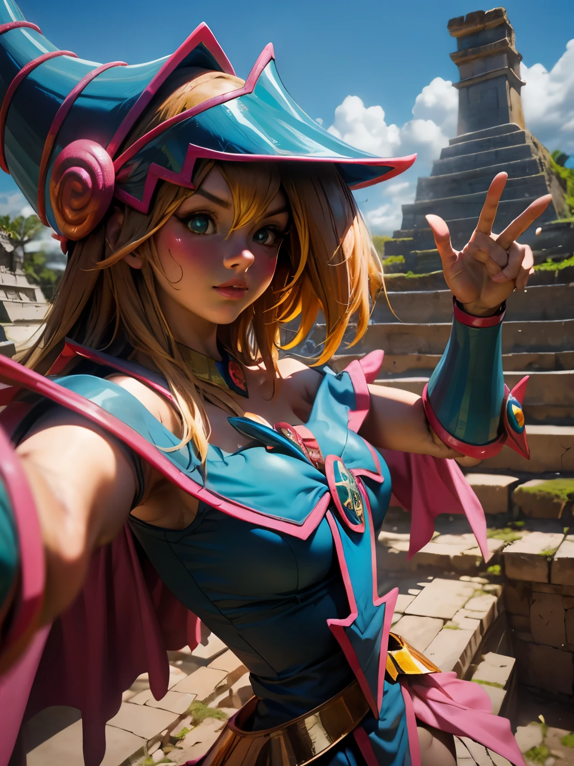 Dark magician taking a selfie in some Mayan ruins. Ella tiene cabello rubio. ojos azules. Labios rojos. Se toma una selfies en unas ruinas mayas. Selva y jaguares a si alrededor