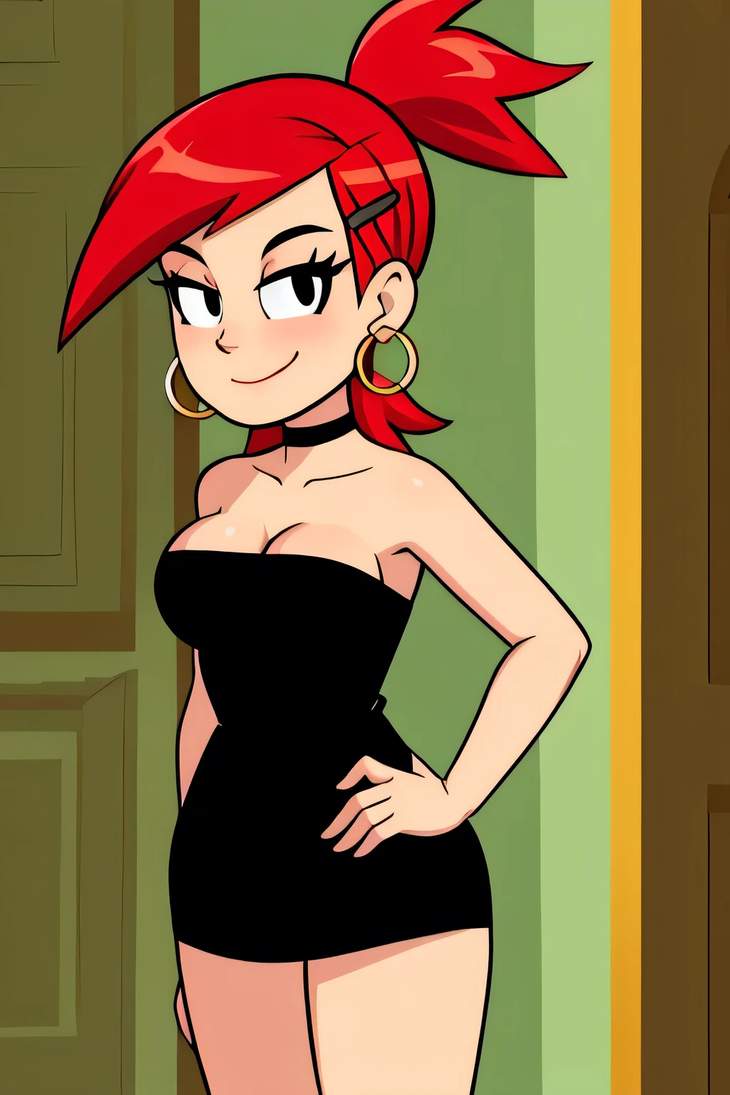 frankie foster, FostersStyle, (black pupils), red hair, strapless, black eyes, black dress, gold hoop earrings, sexy posing, hair clip, standing, medium breasts, ponytail, seductive smile, cowboy shot