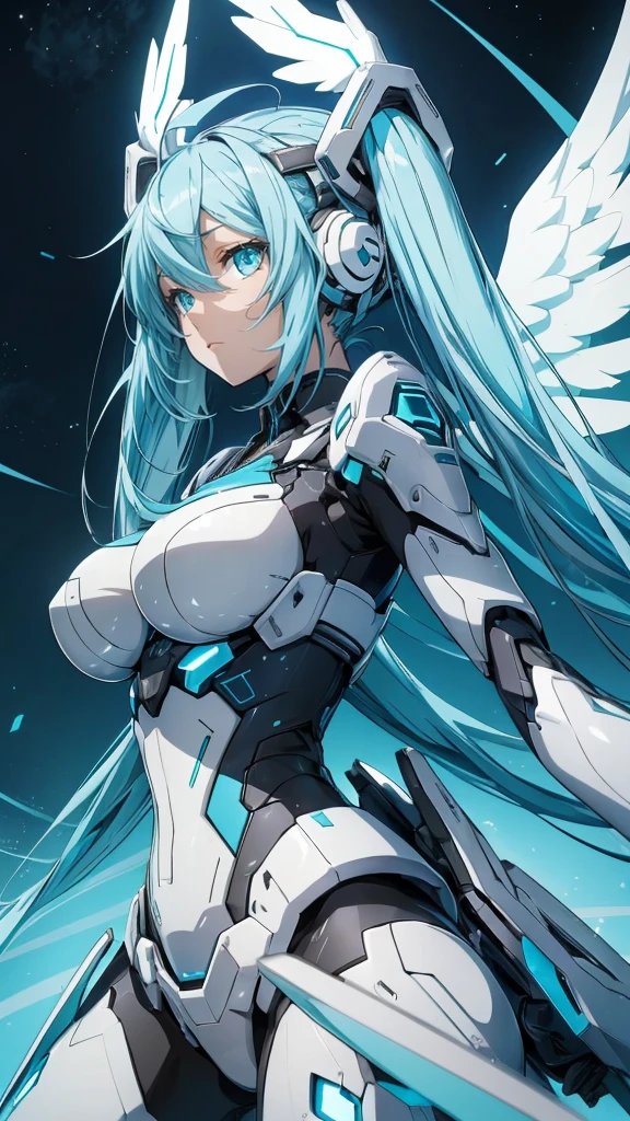 hatunemiku VOCALOID, twin tails, light blue eyes, light blue hair, huge breasts, Angel wing, mecha girl,