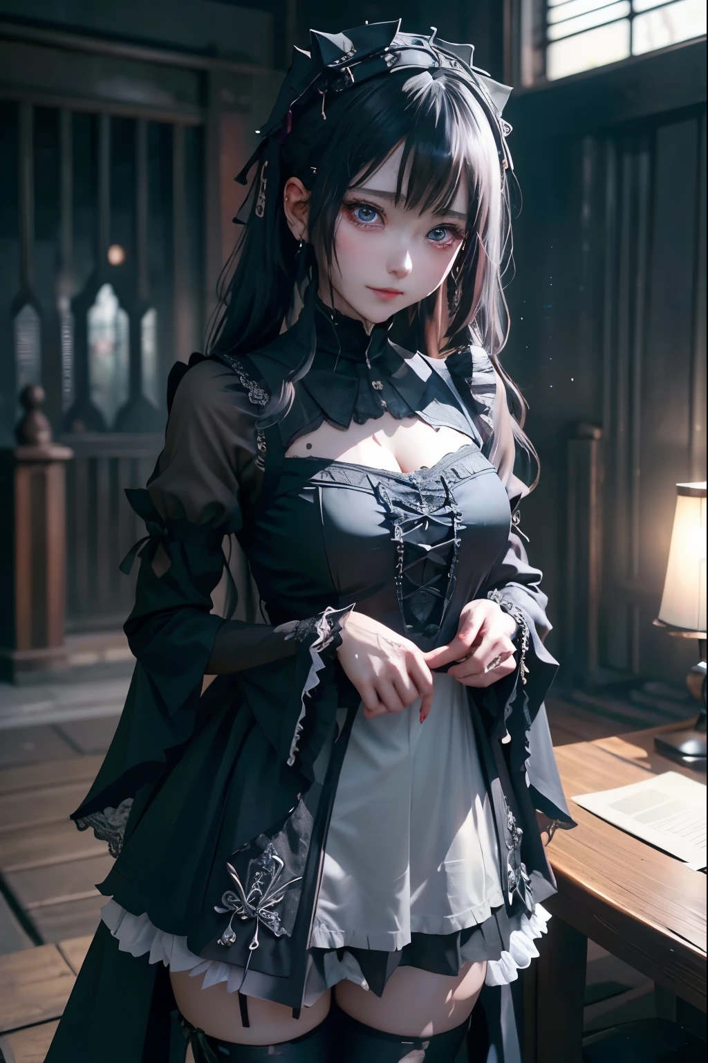 ハードDark Gothicメイク、Deep Night Sky、Horror、Black dark eyeshadow、cry、sad、Good skin radiance、Dark Gothicメイク、Dark smile、palace、The beauty of fragrance、24-years-old、Expressions of intense sexual pleasure、Embarrassed look、Dark Gothic、Obscene language、highest quality、Expression of sexual pleasure amid suffering、Drunk face、紫のMaid clothes、Mysterious、Noble、The face of someone who is holding in the toilet、sexy、Loving smile、Twin tail hair、Right blue eye, Left eye is red、Super seductive pose、Platform Heel Shoes、Heavy makeup、Gothic Lolita Clothing、A little slimmer、Silver Hair、Long Hair Straight Hair、Cute Gothic Lolita Dress、Beautiful Face、elegant features、Fascinating face、Stained glassが背景、Chest glistening with sweat、The room is dark、goth long dress、Bell Sleeves、Wizard Sleeve、Decadent look、Sexually excited expression、Glossy thighs wet with water、Thighs that are wet and shiny with oil、Background of a room full of roses、sad表情、Rose Maiden、The embroidery is pink、The dress has pink embroidery、Thigh-high socks、Knee-high socks、Gentle expression、Dark black eyeshadow、despicable act、Stained glassと薔薇背景、thighs are a little thin、Female Duo、Female couple、dark church background、Stained glass、Black metal world、Dark Castle、Dark Room、Slender body、upright、walk、Are standing、gothic long dresaid clothes、Victorian dresses、Her thighs glisten with sweat、My body is wet and shiny、Lots of glitter on the thighs、sweating、My thighs are sticky from sweating、Sweat glistens on the thighs, The whole body is sweaty and shiny、Quite sweaty、My thighs are sweaty、My thighs are so wet、My thighs are shining with sweat、A lot of sweat glistens all over the body、The thighs are the best、Thighs are glamorous、Small breasts、