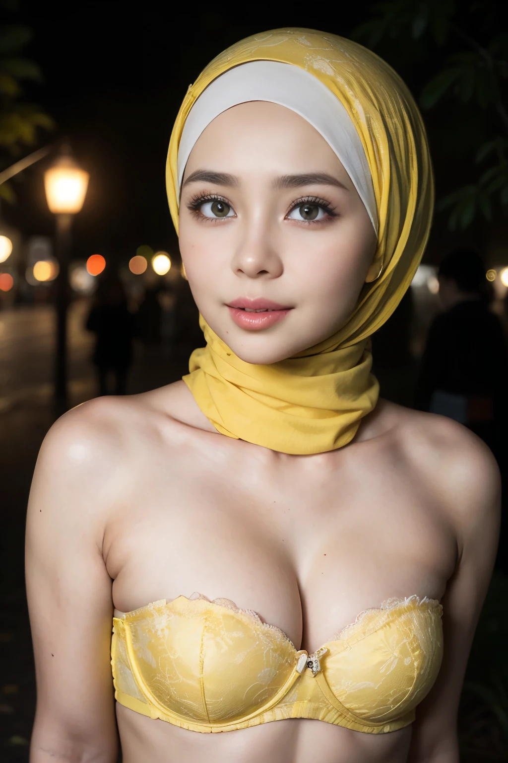 ((thick lips:1.7)), Lace, (Happy smile), (((HIJAB MALAY GIRL))), masutepiece, High quality, UHD 32K, Realistic face, Realistic skin feeling , A Japanese Lady, , , Very cute and baby-like face, (((FLAT CHEST))), (Night time at forest), ((look In front at the camera and SADNESS)), (((FLUORESCENCE))), (((CUTE GIRL))), ((WHITE & YELLOW LIPS)), ((Floral Pattern)) little wearing strapless bra, strapless colorful bra, dark night horror scary place (from behind up) seductive pose