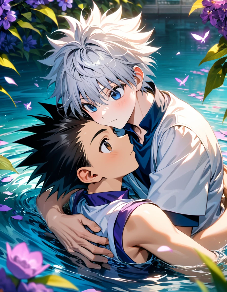 absurdres, highres, ultra detailed, HDR, master piece, best quality, Killua Zoldyck, white hair, expressive blue eyes, Hunter x Hunter, Gon Freecss, black hair, expressive brown eyes, two men together, gay couple, cute, yaoi, water, purple butterflies, purple flowers, petals