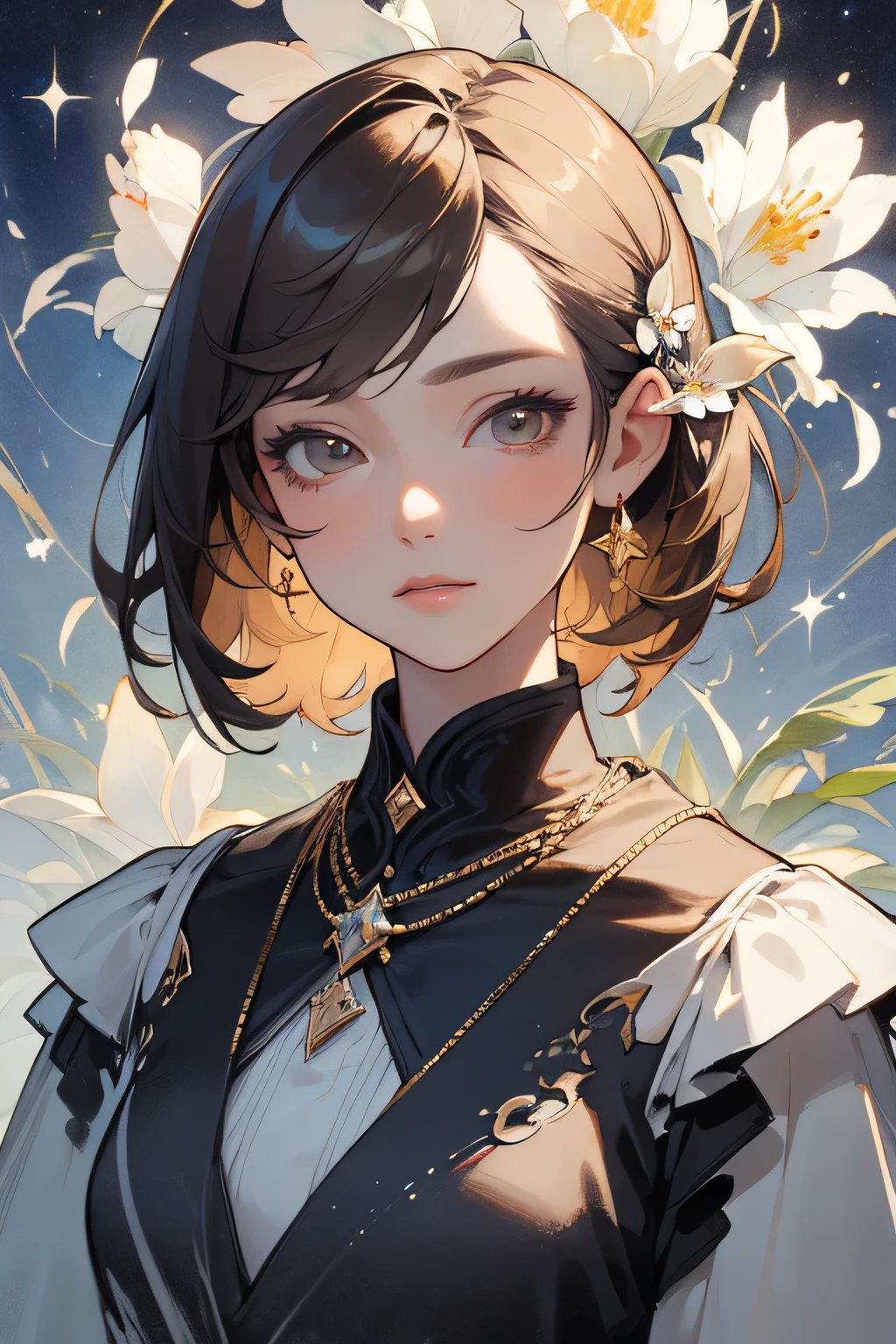 masterpiece, top quality, super detailed, high resolution, (ink painting style), excellent anatomy, 1 beautiful woman, expensive solve, clear image, detailed background, flower, garden, starry sky, ((upper body:1.2)), best light, best shadow, mysterious, perfect face, highly detailed,