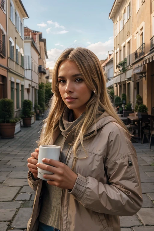 make a blonde woman with a cup of coffee in her hand wearing outdoor clothes with some European style buildings in the background, olhando para o horizonte foto ultra realista, qualidade 8k, fullhd em formato 1080x1920