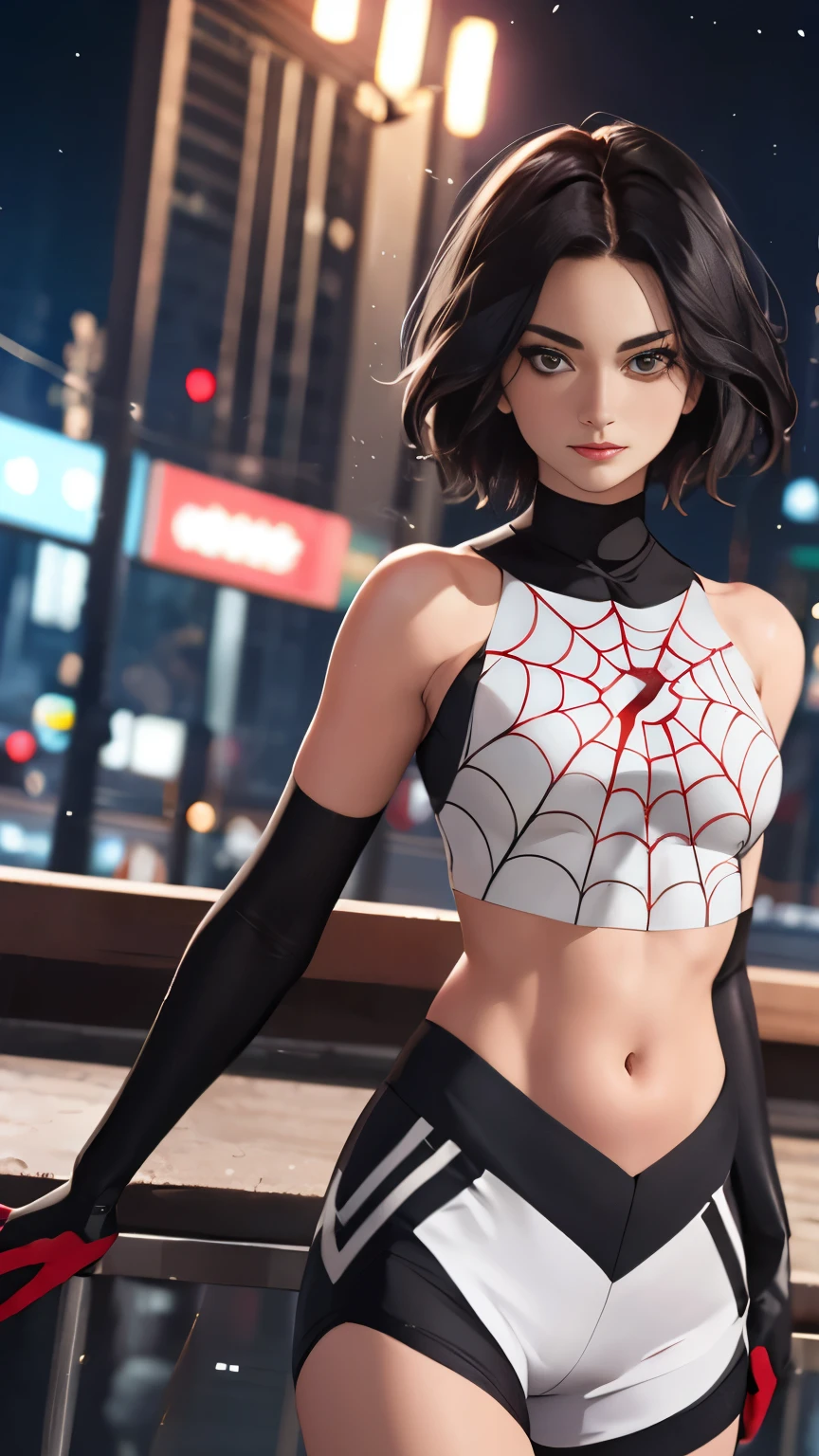 (Highly quality, masterpiece, detailed), Night city detailed scenario, night city detailed background, 20 years old girl, black hair, 1girl, CindyMoon, cindymoon, short hair, Black top, white top, black botton, white bottom, spider web print, Crop top, Gloves, Abdomen, Expressionless, Navel, beautiful eyes, perfect eyes, looking at the viewer, Sexy pose