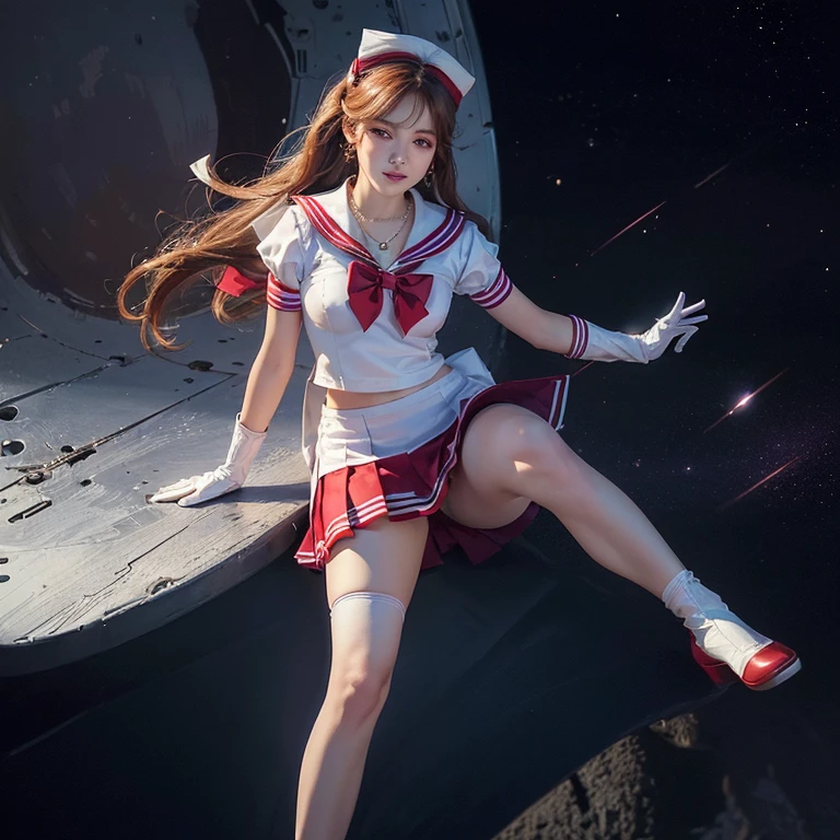 ((HD realistic, SAMA1 level)), very realistic,muste piece, best quality, high resolution, SAMA1, (((Sailor Sensi Uniform with Medium Chest,))) white gloves, Red sailor collar, red skirt, star necklace, elbow gloves, pleated skirt, bare legs, Purple bow, space, the moon, charming smile, stunning beauty, full body photo