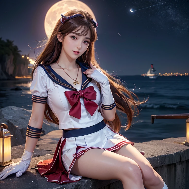((HD realistic, SAMA1 level)), very realistic,muste piece, best quality, high resolution, SAMA1, (((Sailor Sensi Uniform with Medium Chest,))) white gloves, Red sailor collar, red skirt, star necklace, elbow gloves, pleated skirt, bare legs, Purple bow, space, the moon, charming smile, stunning beauty, full body photo