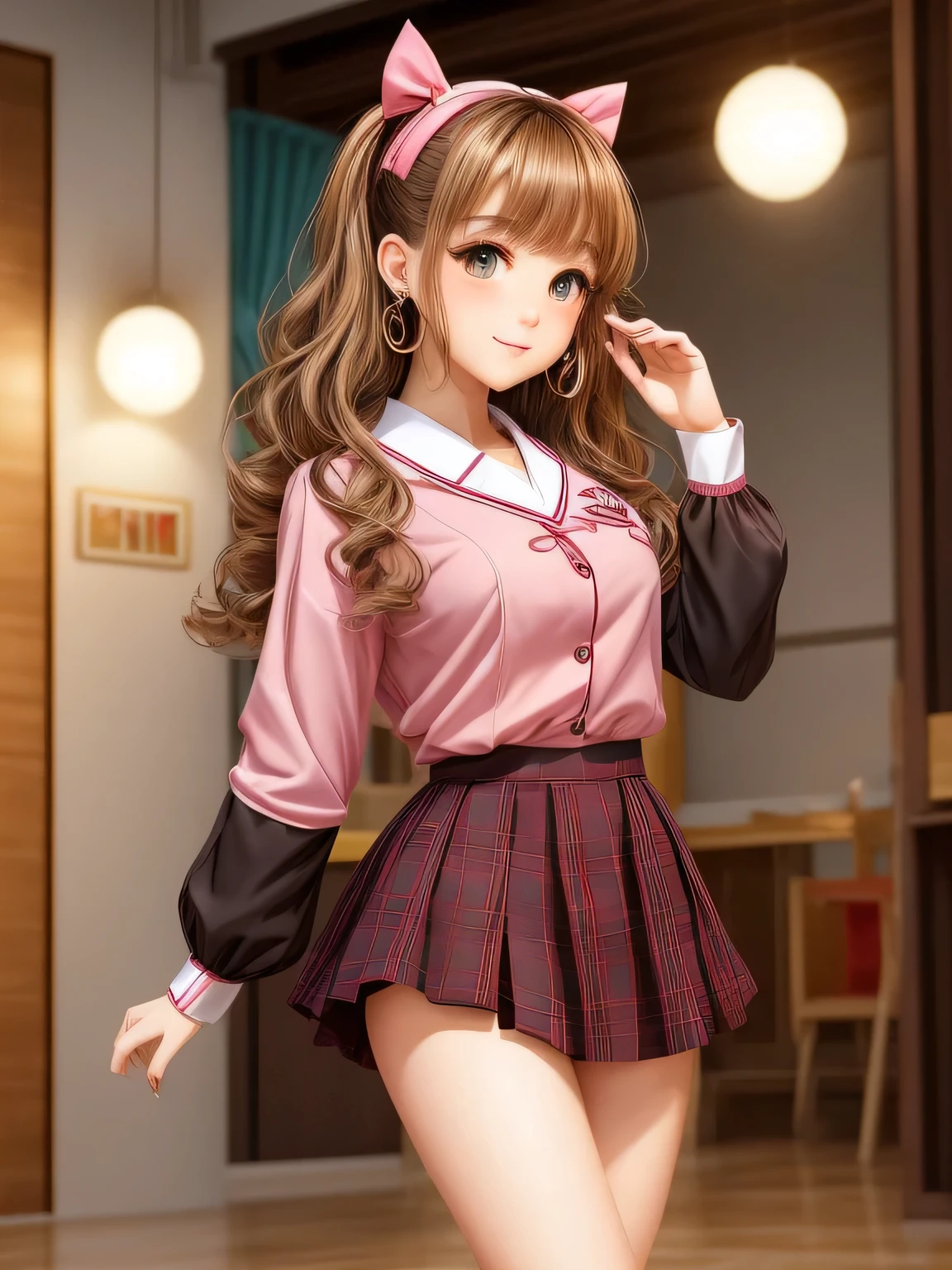 A girl with curly, dark blonde hair and an oval face. She has round, doe eyes with brown color and manga-style eyelashes. She is wearing gyaru makeup and Her outfit consists of an animal print brazier and school Japanese uniforms adorned with bows. She has long, pink nails and wears earrings with pom poms. The girl poses cutely, radiating a sense of charm and innocence.
The image should be of the best quality, with a resolution of 4k or higher. It should be ultra-detailed and have a photorealistic effect with a strength of 1.37. The lighting should be vibrant and evoke a studio-like atmosphere. The colors should be vivid and the image should have a bokeh effect in the background. The overall style of the image should be in line with portraits and anime. The colors should be vibrant and colorful, with a soft, warm light illuminating the scene.