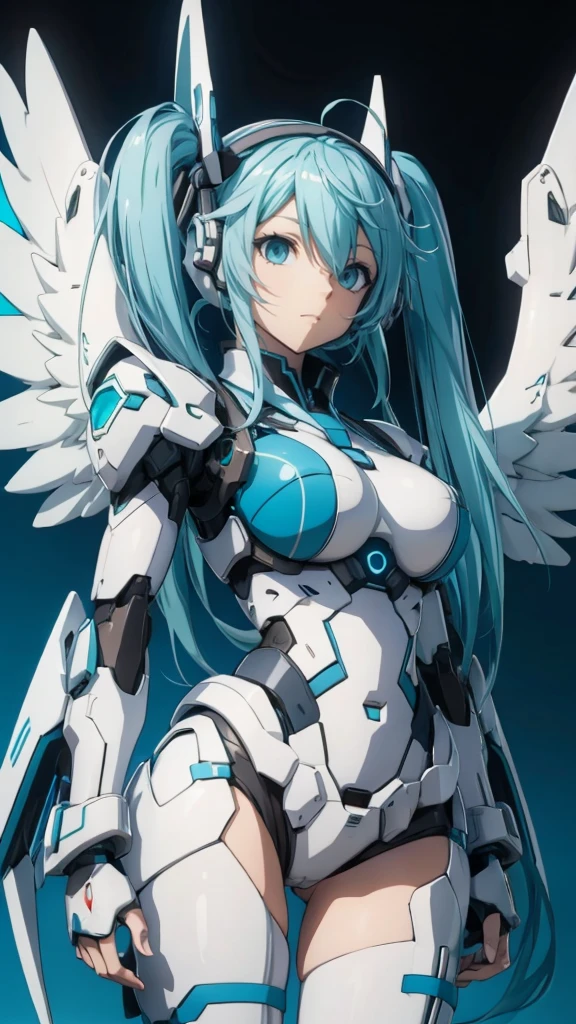 hatunemiku VOCALOID, twin tails, light blue eyes, light blue hair, huge breasts, Angel wing, mecha girl,