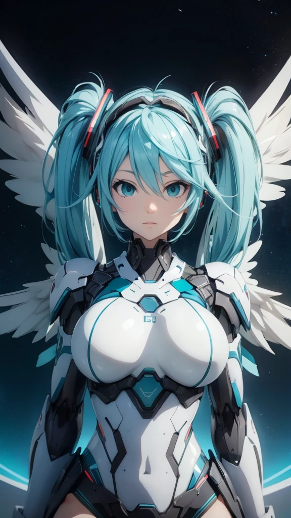 hatunemiku VOCALOID, twin tails, light blue eyes, light blue hair, huge breasts, Angel wing, mecha girl,