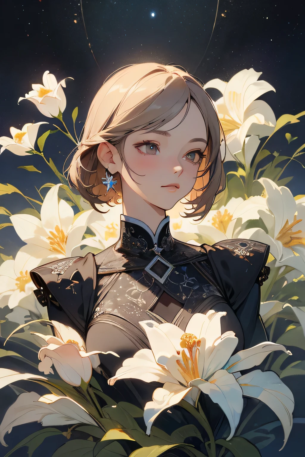 masterpiece, top quality, super detailed, high resolution, (ink painting style), excellent anatomy, 1 beautiful woman, expensive solve, clear image, detailed background, flower, garden, starry sky, ((upper body:1.2)), best light, best shadow, mysterious, perfect face, highly detailed,