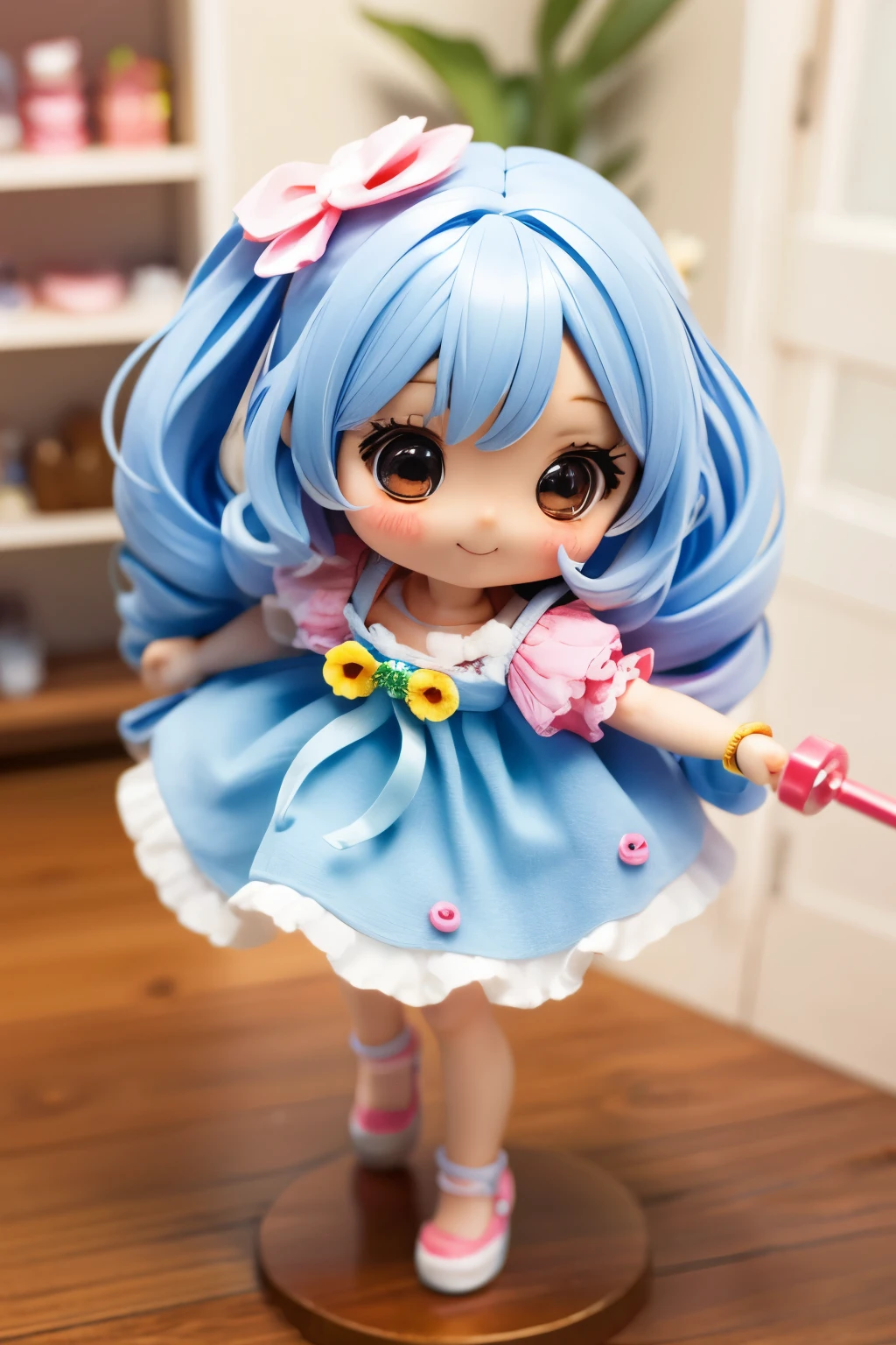 Photorealistic、Chibi Girl Doll(Sweets hair ornament、Have a magic wand、smile)