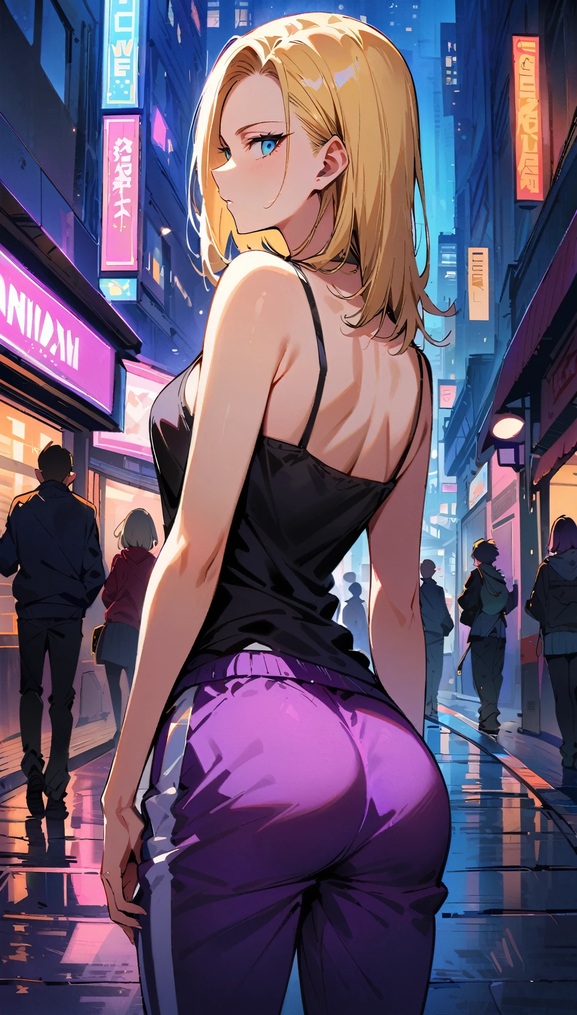 (masterpiece, best quality:1.2), shot from behind showing upper back and right shoulder, head turned right showing right side of face with eye and ear visible and leaving space above head, Android 18 from Dragon Ball, standing outside on relatively empty city street, (gazing back towards camera over right shoulder), (wearing black camisole under vivid purple tracksuit top), (vivid purple tracksuit bottoms with white stripes down the sides), short blonde hair loose, blue eyes gazing intently at camera, slender feminine figure, narrow waistline, minimal city street background with a movie theater, a few other plain buildings with no signage, street lights, 4K
