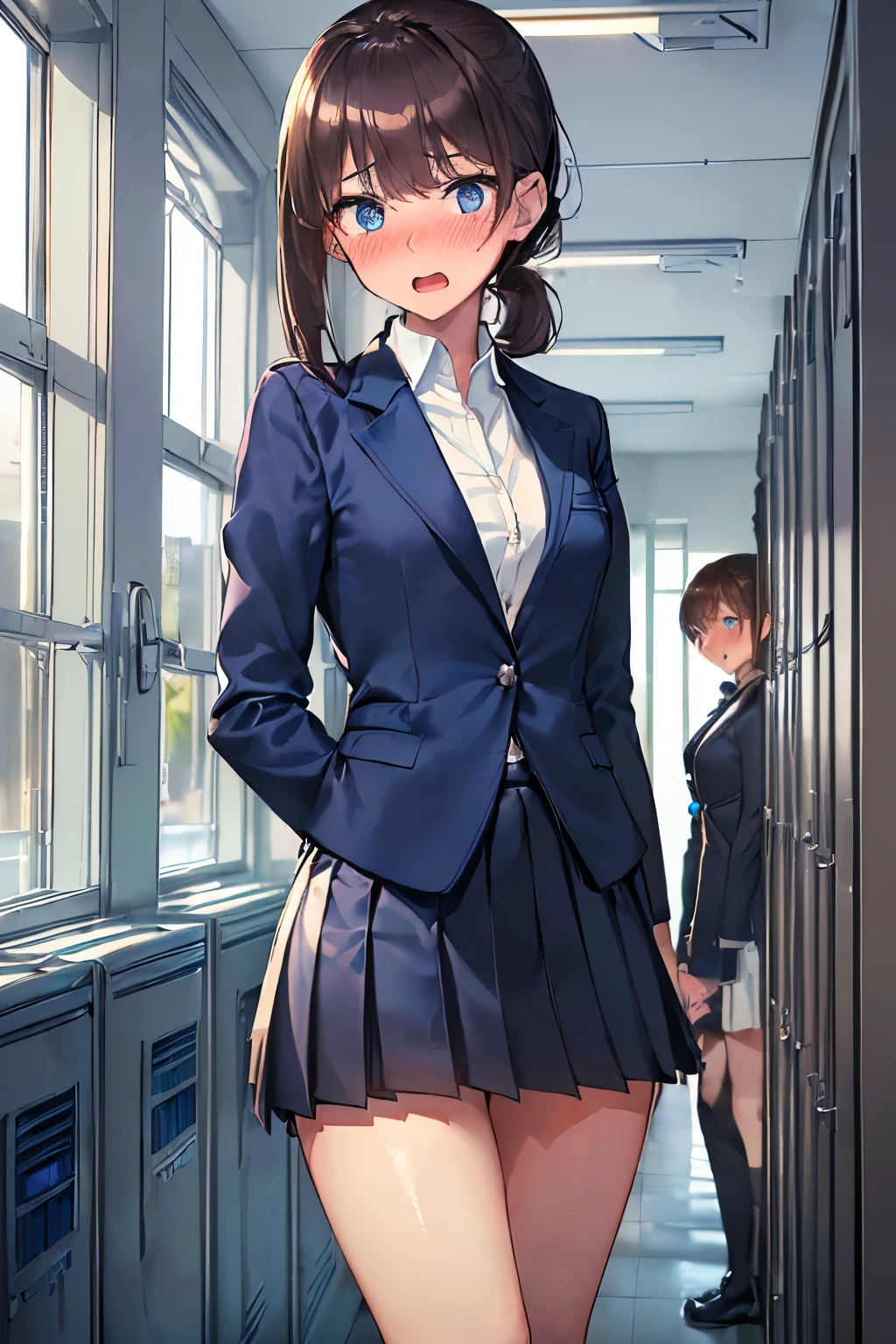 ((best quality)), ((masterpiece)), ((detailed)), (((perfect face))), (((small bust))), (((slender 18yo woman))), (((dark blue suit jacket))), ((dark blue pleated skirt from waist to thighs))), ((dark brown hair)), ((short ponytail)), (((blue eyes))), ((blushing:1.5)), (((looking at viewer))), (((((white shirt))))), (((standing))) (((interior corridor, lockers, windows))), (((surprised:1.5))), (((wide open mouth))), (((arms by side)))