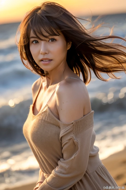 masterpiece, highest quality, High resolution, Photorealsitic, Raw photo, 8k wallpaper, perfection, Professional Lighting, Soft Light、Outdoor, Very detailed, Depth of written boundary,Sandy Beach、sunset, The sea breeze is strong、The wind is blowing((One beautiful woman, Japanese Mature)), (48yo)), Female Sexy, Detailed face, Beautiful Eyes, Bangs, Shapely breasts, Boob Emphasis、I can see her cleavage、Light brown straight hair, (My hair is messed up by the wind:1.5), （Hold down your hair:1.5)、 Faint lips, ((Stand in front、Staring at the beholder、Serious face eyes。)), Clothes wide open on the chest, Shoulderless knit dress、Cowboy Shot。
