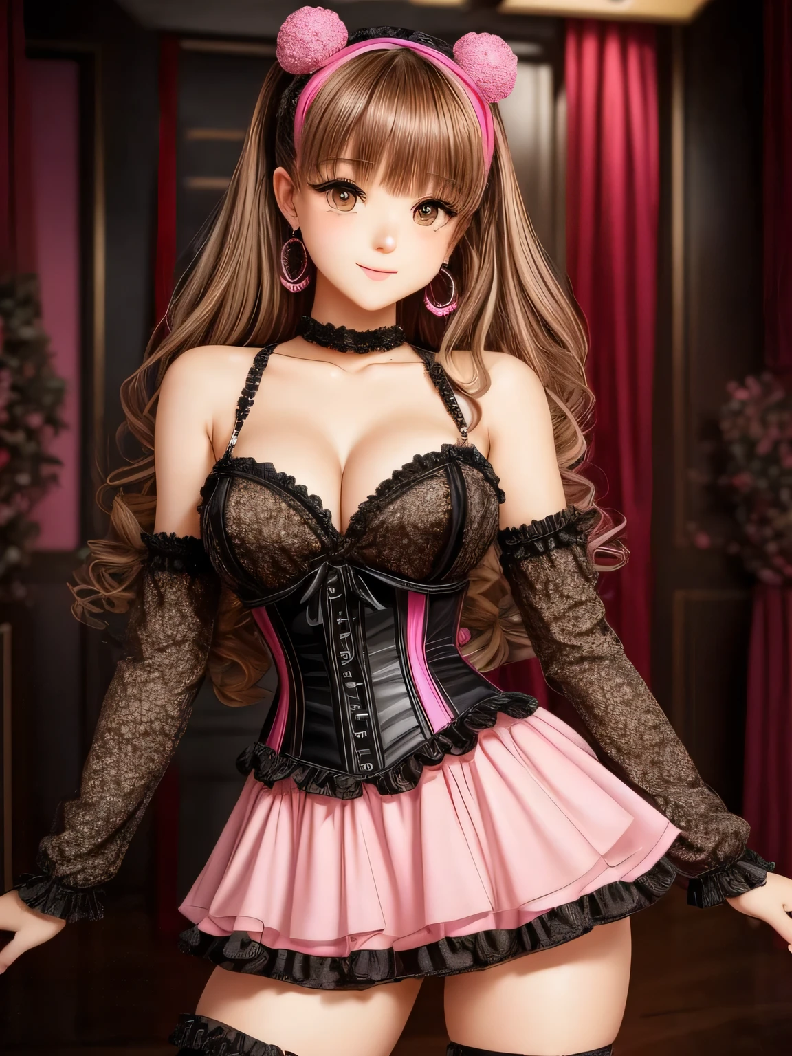 A girl with curly, dark blonde hair and an oval face. She has round, doe eyes with brown color and manga-style eyelashes. She is wearing gyaru makeup and animal print clothes, which reflect her gyaru clothing style. Her outfit consists of black and pink colors, with a corset and skirt adorned with bows. She has long, pink nails and wears earrings with pom poms. The girl poses cutely, radiating a sense of charm and innocence.
The image should be of the best quality, with a resolution of 4k or higher. It should be ultra-detailed and have a photorealistic effect with a strength of 1.37. The lighting should be vibrant and evoke a studio-like atmosphere. The colors should be vivid and the image should have a bokeh effect in the background. The overall style of the image should be in line with portraits and anime. The colors should be vibrant and colorful, with a soft, warm light illuminating the scene.