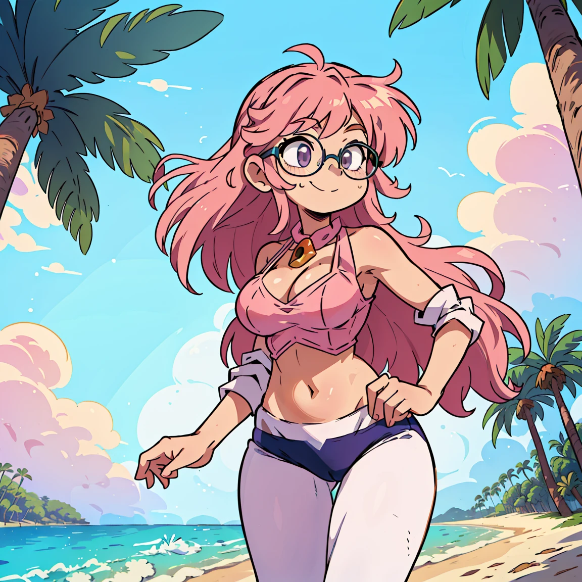 (masterpiece, best quality:1.2), cowboy shot, (solo), (1girl):1.5, glasses, long fluffy pink hair, hair blowing, gorgeous body, wide hips, slight smile, (elegant swimswit), navel exposed, mid breasts, breasts niples, (cameltoe), under palm trees on a windy beach.