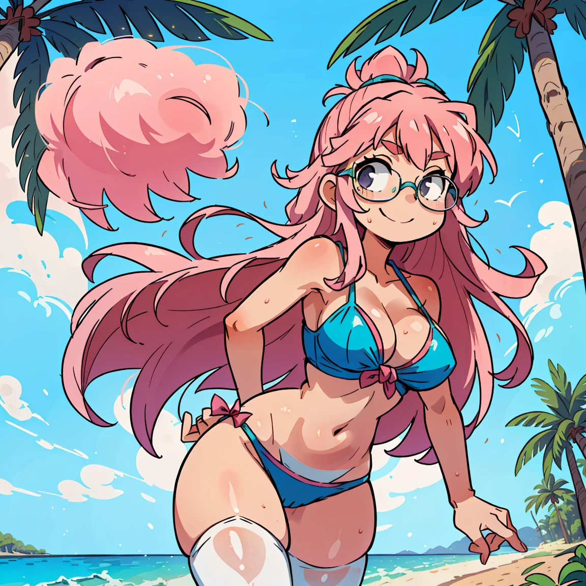 (masterpiece, best quality:1.2), cowboy shot, (solo), (1girl):1.5, glasses, long fluffy pink hair, hair blowing, gorgeous body, wide hips, slight smile, (elegant swimswit), navel exposed, mid breasts, breasts niples, (cameltoe), under palm trees on a windy beach.