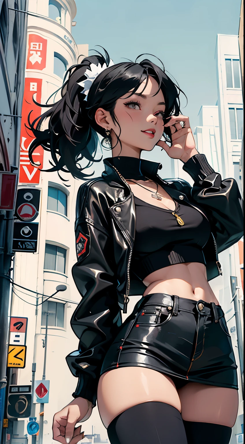 sharp focus, detailed outfit, key visual, traditional art, ultra detail, vibrant colors, girl, masterpiece, sharp focus, best quality, depth of field, cinematic lighting, correct anatomy, vibrant colors,
vibrant colors, masterpiece, sharp focus, best quality, depth of field, cinematic lighting, ((masterpiece)),((best quality)),((perfect anatomy)),(((perfect hands))),(((extremely detailed five fingers))),cowboy shot,tomboy,beautiful long feets,down posing,dynamic pose,dynamic angle,beautiful makeup face,Extremely gorgeous,dynamic wind,lifelike,hourglass body,tight body,wet body,shading breasts,A distant angle from below,(looking up:1.4),looking away, looking at the viewer,1women,beautiful face,detailed outfit,ninja girl, ass, black hairband, black pants,denim,trendy boutiques and cafes,Set the scene in a sophisticated urban environment,She wears a Flower patterned Bikinis like strings and a down jacket,(( dark skin)),pencil skirt,(bell necklace), (bracelet), vibrant colors, rich in details and texturs,lightweight sweater, navel,shortsleeves,skirt,thighhighs,tight body,ponytail,bangs,smile,open mouth,enthusiasm pose, lively pose