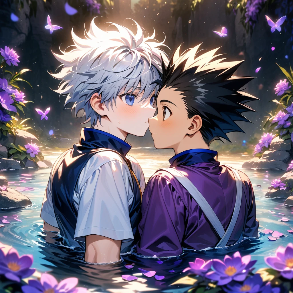 absurdres, highres, ultra detailed, HDR, master piece, best quality, Killua Zoldyck, white hair, expressive blue eyes, Hunter x Hunter, Gon Freecss, black hair, expressive brown eyes, two men together, gay couple, cute, yaoi, water, purple butterflies, purple flowers, petals