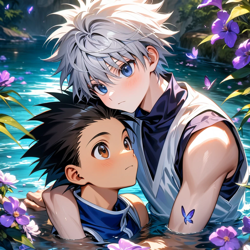 absurdres, highres, ultra detailed, HDR, master piece, best quality, Killua Zoldyck, white hair, expressive blue eyes, Hunter x Hunter, Gon Freecss, black hair, expressive brown eyes, two men together, gay couple, cute, yaoi, water, purple butterflies, purple flowers, petals