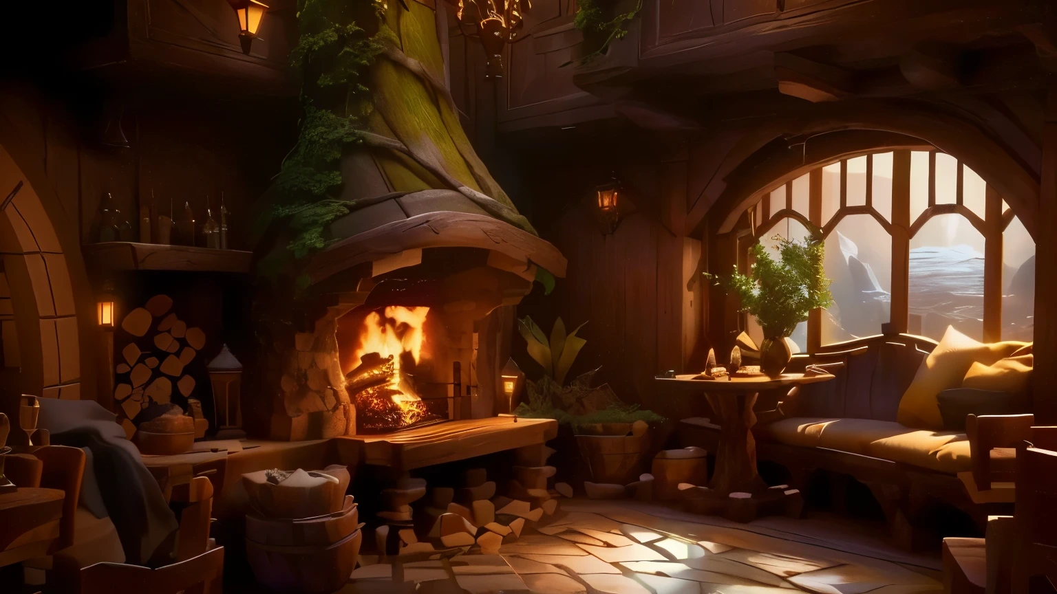 there is a fireplace in a room with lots of wood, na taverna de fantasia perto da lareira, uma taberna aconchegante multidimensional, estilo fantasia 8 k octane rendering, cena encantada aconchegante, em sua casa de hobbit, (octane rendering) estilo fantasia, lugar aconchegante, Cena estilizada em 3D, ambiente aconchegante, fundo de taverna de fantasia, interior de uma toca de hobbit, detailed textures and lighting