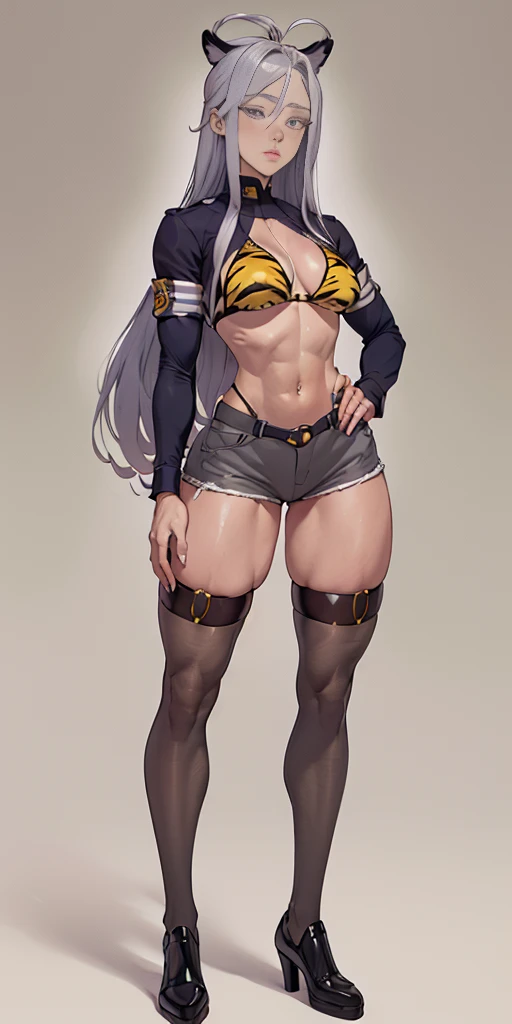 ((Masterpiece, plain background,1:2, masterpiece)) full body standing straight symmetrical against contrapposto yellow tiger print BIKINI stockings sleeves, hands on waist hips, navel, (Vladilena Milize) (grey eyes:1.5) grey long hair, hair between eyelashes