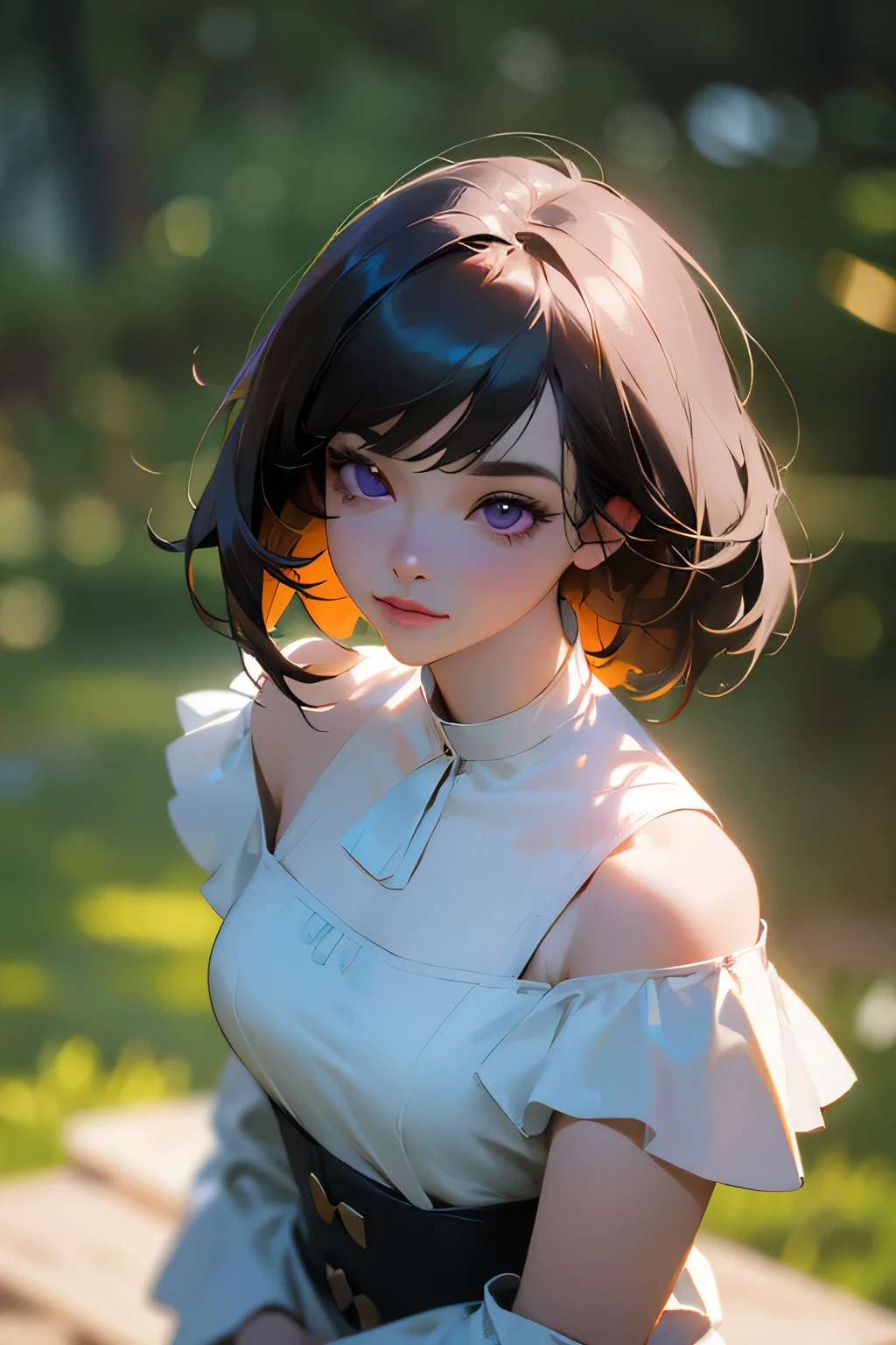 masterpiece, top quality, super detailed, high resolution, (realistic, photorealistic:1.37), excellent anatomy, 1 beautiful woman, shooting from above, looking up, upper body, (pale skin:1.2), (RAW photo:1.5), shiny skin, shiny hair, straight hair and bangs, (medium hair), (black hair), (purple eyes), (white off shoulder blouse:1.2), smile, ((the background is a park)), alone, standing, best light, best shadow, mysterious, perfect face, highly detailed,