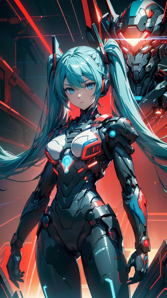 最high quality、Best image quality、masterpiece、Hatsune Miku VOCALOID、、Android Girl((18-year-old、red, A glowing black and blue cyber suit、Blue energy source on chest,Best Bust、Big Breasts、Bust 90、Twin tails、Light blue eyes、Light blue hair、Open your chest wide、valley、happiness、Slender、Expressionless、Tight-fitting inner suits、Please stand in front、Countless cable connections throughout the body、Particles of light、Sharp clawed arms))high quality、Beautiful art、background((Research Facilities、Neon color、Cyber World、red lighting))、Tabletop、Exquisite design、Visual Arts、Feature filmatrix、depth(The rampaging android army)