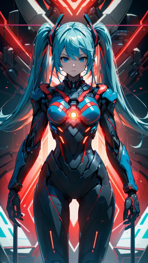 最high quality、Best image quality、masterpiece、Hatsune Miku VOCALOID、、Android Girl((18-year-old、red, A glowing black and blue cyber suit、Blue energy source on chest,Best Bust、Big Breasts、Bust 90、Twin tails、Light blue eyes、Light blue hair、Open your chest wide、valley、happiness、Slender、Expressionless、Tight-fitting inner suits、Please stand in front、Countless cable connections throughout the body、Particles of light、Sharp clawed arms)）high quality、Beautiful art、background((Research Facilities、Neon color、Cyber World、red lighting))、Tabletop、Exquisite design、Visual Arts、Feature filmatrix、depth(The rampaging android army)
