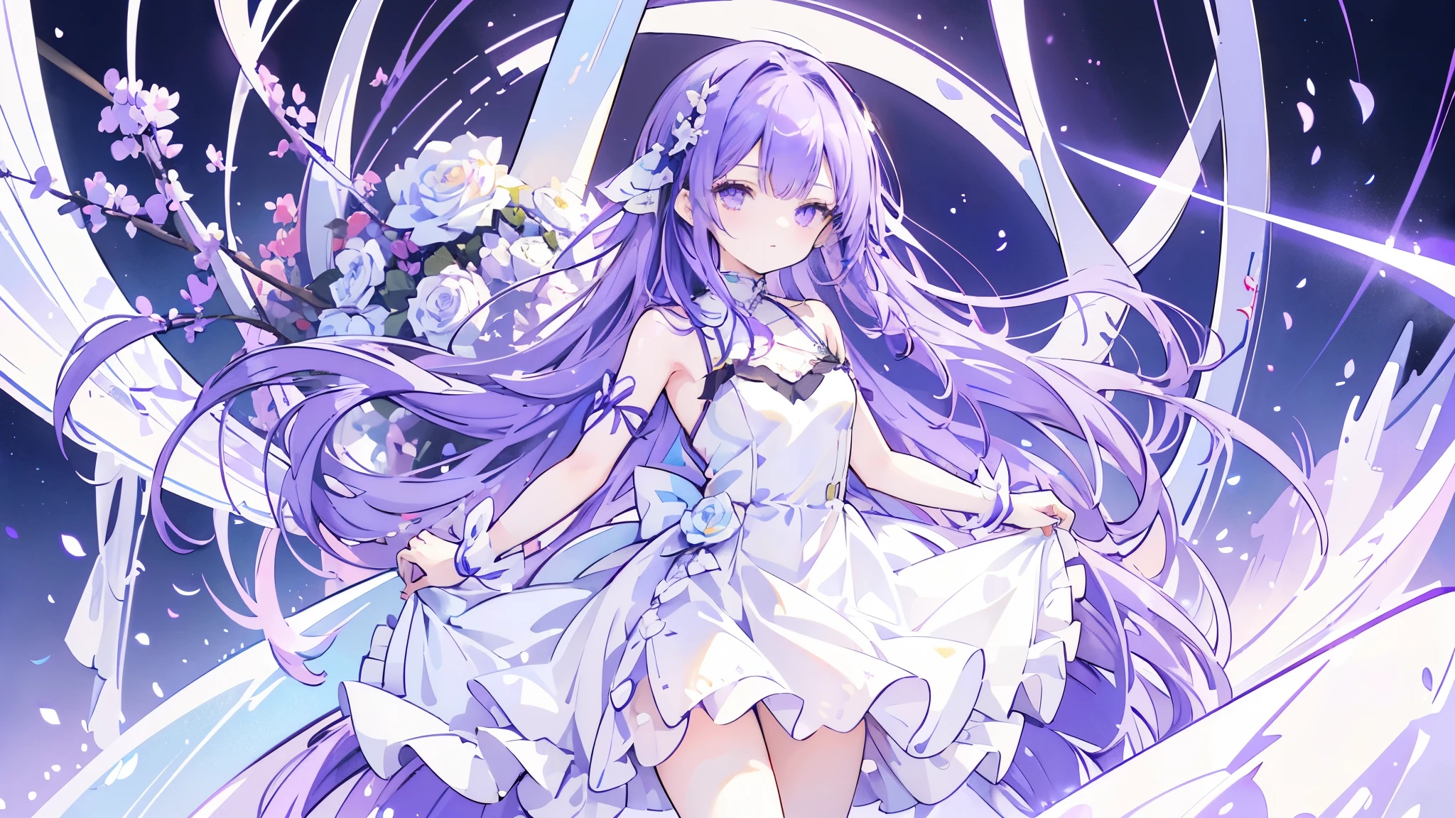 ((masterpiece, highest quality)),Best aesthetics,One girl, alone, flower, ribbon, white rose, Javelin (Azur Lane), purple hair, long hair, dark purple hairband, mechanical lance, light blue and red odd eyes, white, light blue and purple dress, transparent light blue arm ornament, lilac ribbon , small breasts,Only one side wing