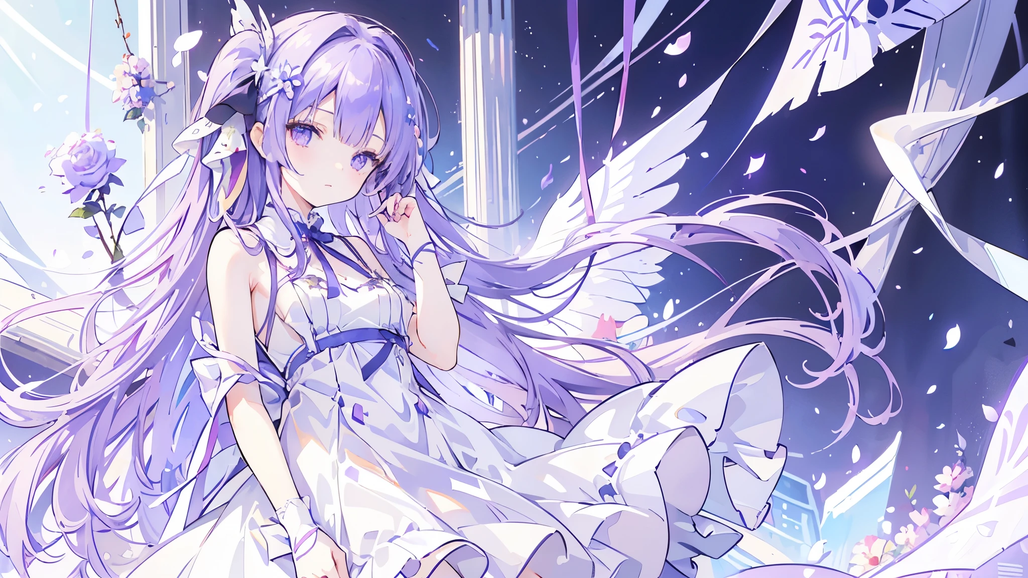 ((masterpiece, highest quality)),Best aesthetics,One girl, alone, flower, ribbon, white rose, Javelin (Azur Lane), purple hair, long hair, dark purple hairband, mechanical lance, light blue and red odd eyes, white, light blue and purple dress, transparent light blue arm ornament, lilac ribbon , small breasts,Only one side wing