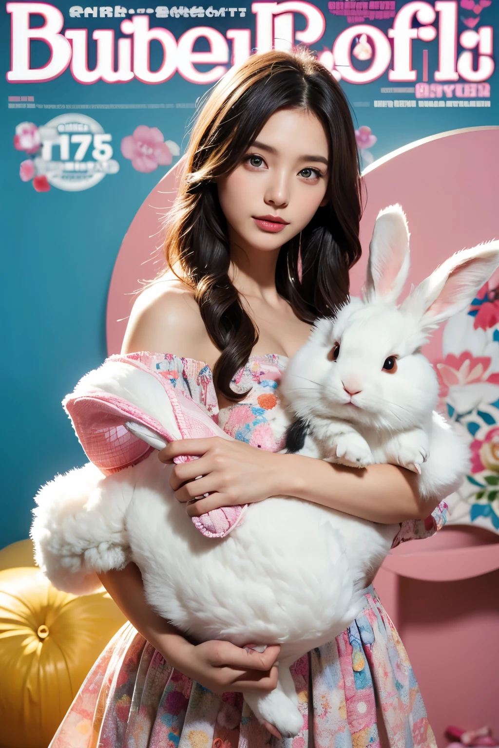 Model and background intact, Beautiful woman holding a large rabbit doll, Colorful background, magazine pose,