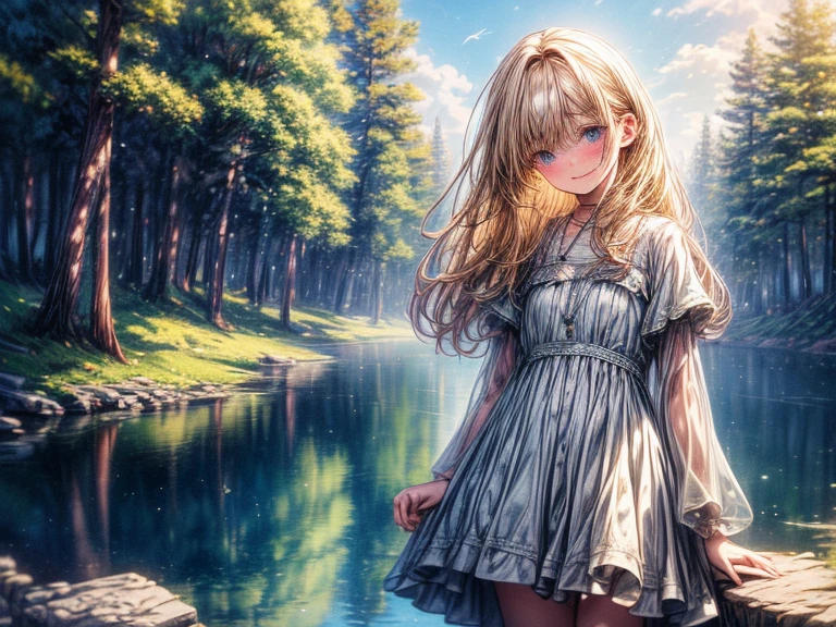 ((masterpiece,best quality,ultra detailed,ultra high res, artificial lake, forest in the distance)), soft realistic focus, dynamic shadows, realistic image, vibrant colors,light leaks,dreamy atmosphere,chiaroscuro,BREAK
experimental charm, The girl is depicted in full growth, girl 10 years old, thin and tall, you see the girl from head to toe, nostalgic appeal, country girlfriend, she take you with yourself, simple open short dress, soft mischievous smile, freckles, blonde hair, slightly leaning forward, flashback of memories, blonde, holding your hand