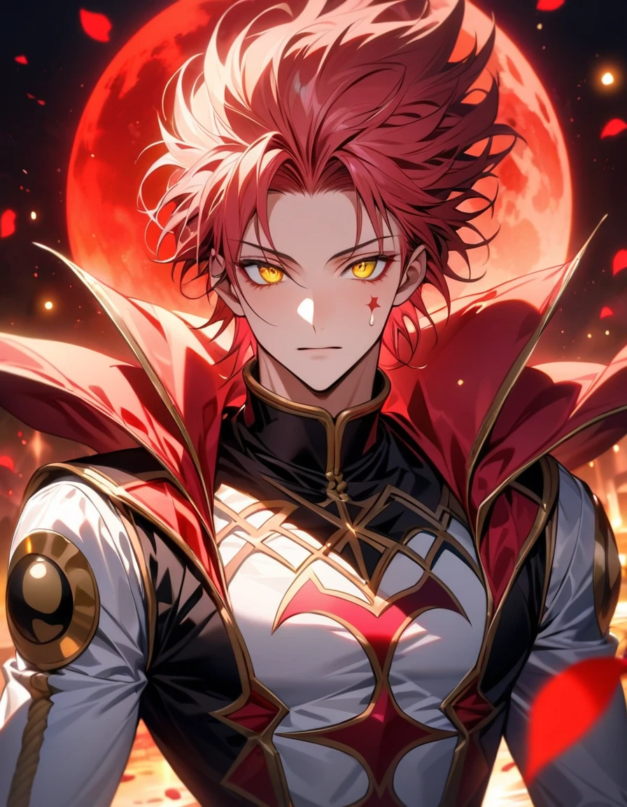 Ultra detailed, Highres, absurdres, HDR, Hisoka Morow, red fuchsia spiked short upwards hair, expressive yellow eyes, Hunter X Hunter, white clothes with patterns, sexy man, solo, red flowers, shining fireflies, handsome, petals, shining red lights, shining red moon, toned chest, extremely detailed eyes and face, master piece, mark of a star on his left cheek, mark of a tear drop on his right cheek,
